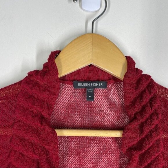 Eileen Fisher Loose Knit Open Front Ruffle Cardigan Red M - Picture 3 of 8